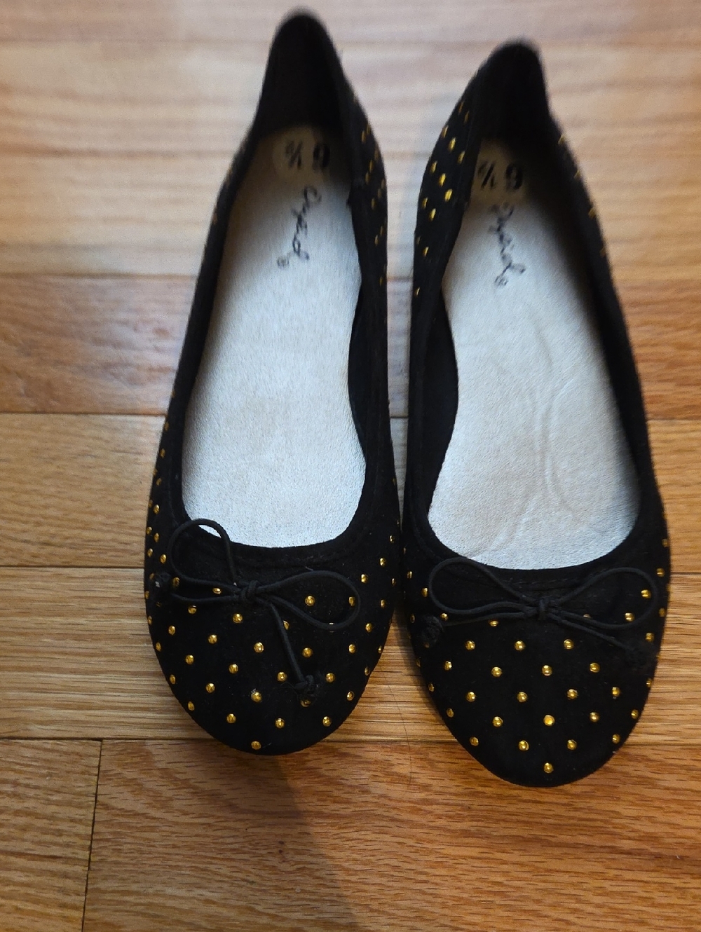 Cupid Black Ballet Flats with Gold Stud Accents
